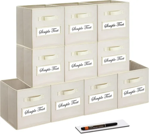 Cubo de almacenamiento de 11 pulgadas, contenedores de almacenamiento plegables de tela con 10 etiquetas, tarjetas de ventana y un bolígrafo, cestas