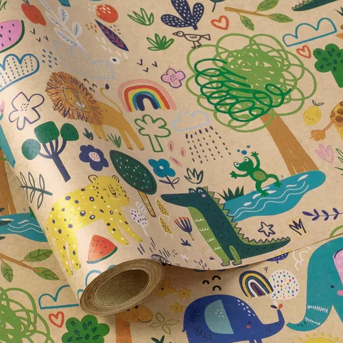 Miniatura 13 de RUSPEPA - Rollo de papel para envolver regalos con diseño de animales del bosque, mini rollo, papel kraft con texto "Oh Baby" para baby shower