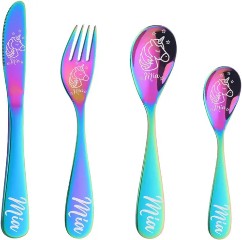 Juego Personalizado de Cubiertos de Dinosaurio y Unicornio de 3/4 Piezas, Juego de Cuchara, Cuchillo y Tenedor con Nombre Personalizado Grabado