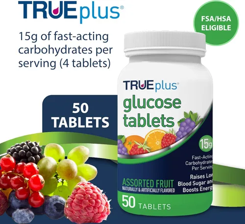 Miniatura 2 de TRUEplus® Tabletas de glucosa, sabor surtido (uva, frambuesa, naranja), botella de 50 unidades (1)