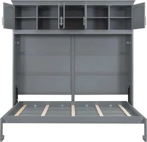 Miniatura 5 de Merax Moderno mueble Murphy con armarios superiores, plataforma de pared de madera maciza, no necesita somier, fácil de montar, color gris