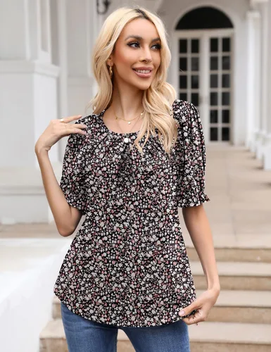 Miniatura 2 de Blusa plisada con cuello redondo para mujer, estilo casual, manga corta, estilo túnica, con dobladillo curvado