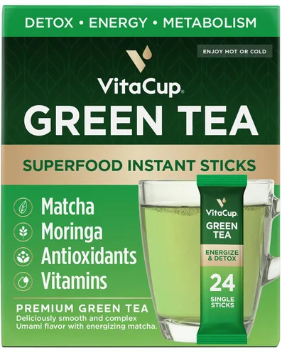 Miniatura 17 de VitaCup Paquetes instantáneos de té verde, mejora la energía y la desintoxicación con matcha, moringa, vitaminas B, D3, fibra, keto, paleo, vegano
