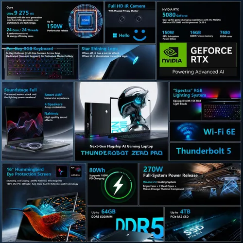 Miniatura 2 de Thunderobot Zero 16 Pro - Laptop para juegos QHD+ 360Hz de 16 pulgadas, GPU RTX 5080, Core Ultra 9 275HX, 32 GB DDR5, SSD de 1 TB, teclado RGB