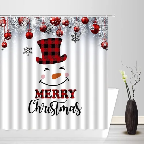 Miniatura 2 de Cortina de ducha con diseño de muñeco de nieve, diseño de búfalo rojo, negro, a cuadros, lindo muñeco de nieve rojo, rojo, pájaro de Navidad, ramita