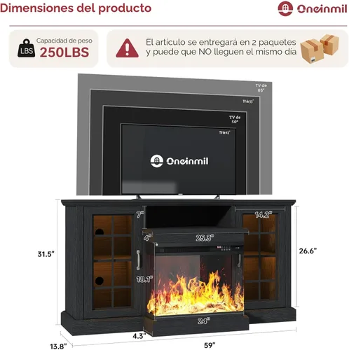 Miniatura 7 de oneinmil - Soporte de TV con chimenea de 59 pulgadas y vidrio en 3 lados para aparatos de hasta 65 pulgadas, centro de entretenimiento moderno