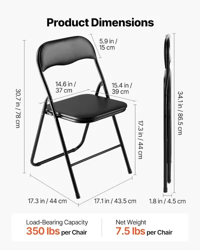 Miniatura 3 de VEVOR Juego de 4 sillas plegables, sillas plegables con cojín acolchado, sillas de fiesta portátiles con marco de metal reforzado, asiento apilable