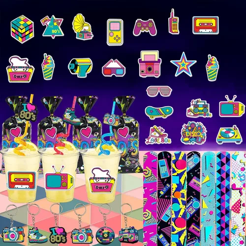 Miniatura 7 de CHSLtmxq 122 PCS Decoraciones de Fiesta de los Años 80, Set de Suministros de Favores de Fiesta Temática de los Años 90, Pulseras Slap y Llaveros