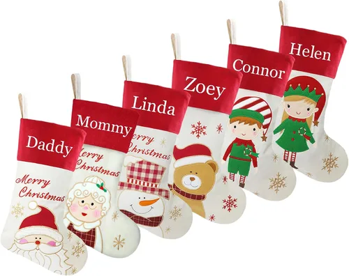 Miniatura 8 de Juego de 3, medias de Navidad personalizadas de 18 pulgadas con tecnología de bordado, diseños de Papá Noel, muñeco de nieve y renos para decoración