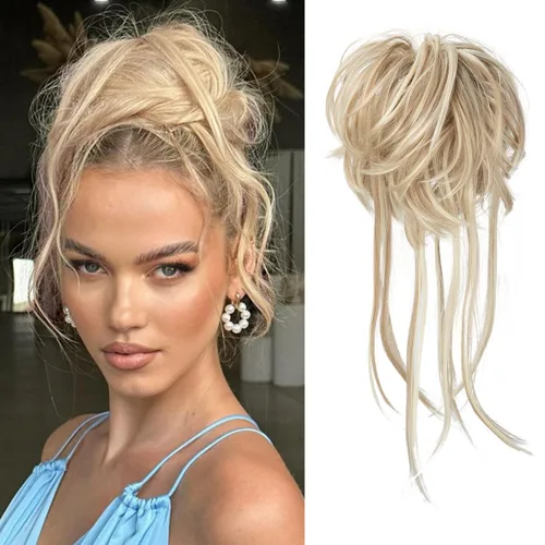 CJL HAIR - Extensión de cabello tipo coletero de chongo desordenado, rizado, sintético, con colas rectas, scrunchies para peinados de moño, para