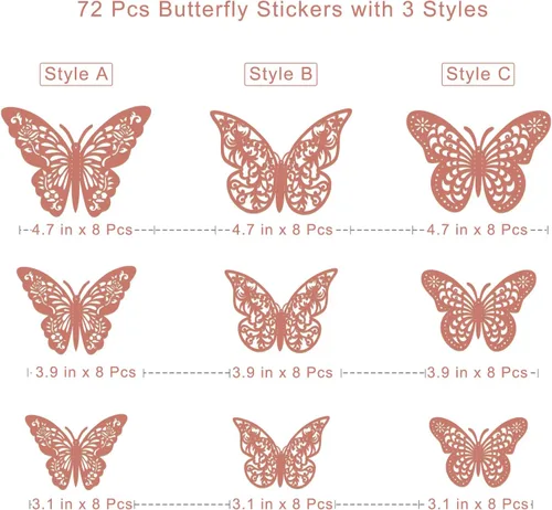 Miniatura 6 de Decoración de pared de mariposa 3D, 72 piezas, 3 estilos, 3 tamaños, mariposas de oro rosa para fiestas, cumpleaños, decoraciones de pasteles