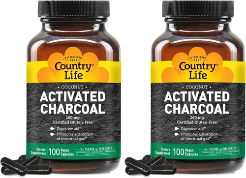 Miniatura 12 de Country Life Cápsulas de carbón activado de coco, 260 mg – Suplemento de carbón natural para aliviar los gases y la hinchazón – Sin gluten, 40