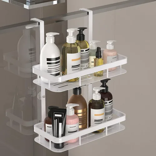 Organizador de ducha blanco para colocar sobre la puerta, organizador de baño a prueba de óxido, estante de almacenamiento de 2 niveles, estantes de
