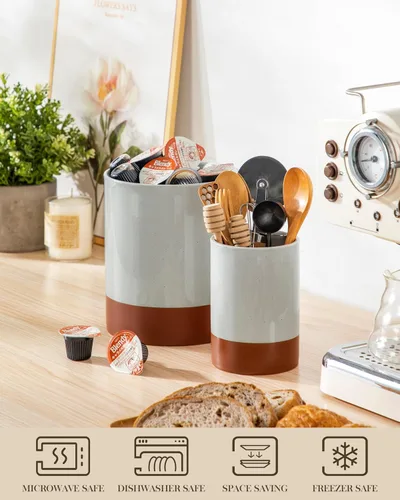 Miniatura 4 de MALACASA Portautensilios, Portautensilios de Cerámica para Cocina de 7.3"+5.5" pulgadas para Encimera, Recipientes Grandes para Utensilios de Cocina