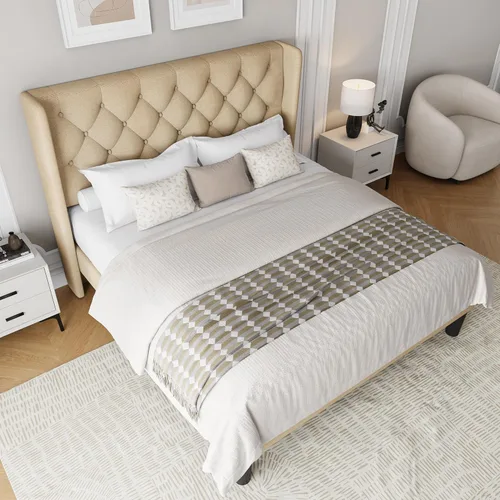 Miniatura 8 de Einhomn Base de cama de plataforma de tamaño matrimonial con cabecera tapizada de tela, 10 pulgadas debajo de la cama, soporte de listones de madera