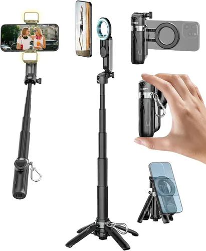 USKEYVISION Palo selfie de bolsillo magnético para iPhone con luz para MagSafe 4 en 1, trípode portátil de bolsillo para iPhone y Android, con