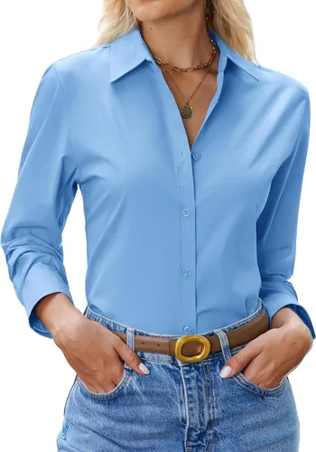 Miniatura 15 de siliteelon Camisa con botones para mujer: camisa de vestir con cuello de manga larga de algodón con botones, blusa de trabajo y oficina