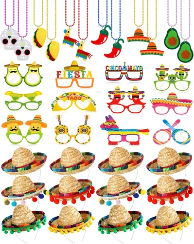 Yunsailing 36 piezas de suministros de fiesta de tela con sombrero de paja, diademas y collares para fiestas mexicanas (estilo moderno)