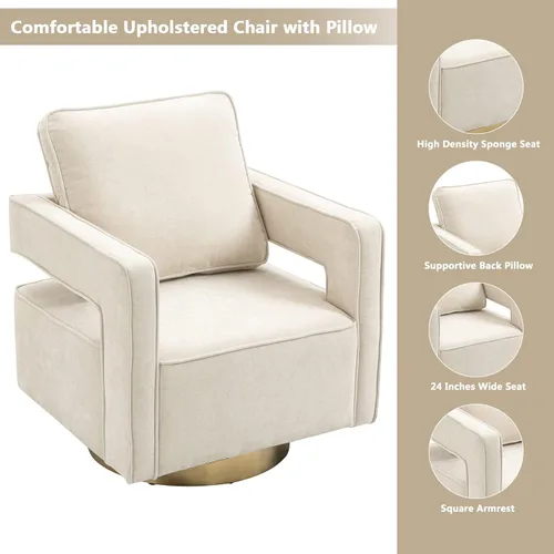 Miniatura 5 de Betoko Silla giratoria con diseño de barril, moderno sillón con respaldo abierto con base de metal dorado, silla tapizada de felpilla con almohada