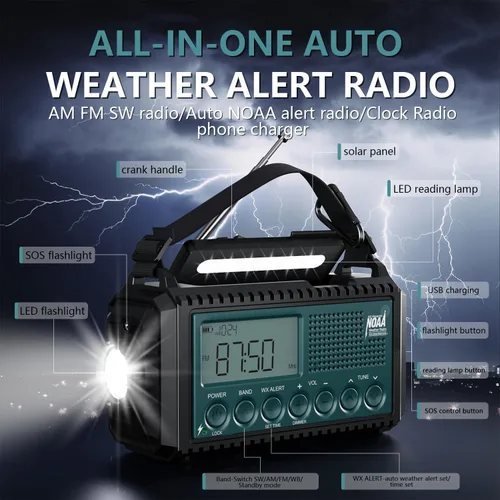 Miniatura 8 de AUTO NOAA Radio de emergencia de alerta, manivela solar portátil AM FM radio meteorológica de onda corta para supervivencia, radio a