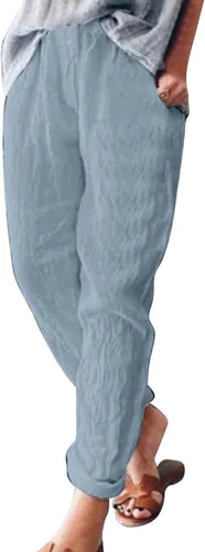 Miniatura 2 de Pantalones de lino para mujer, de verano, casuales, de tiro alto, cónicos, de algodón, cintura elástica, con bolsillos