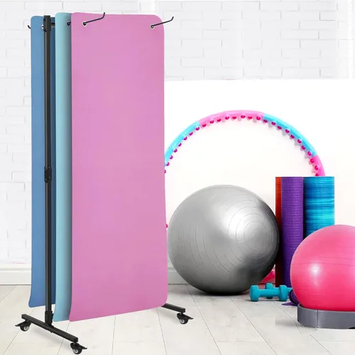 Miniatura 6 de Soporte para colchoneta de yoga colgante, carrito de almacenamiento de metal de doble cara sobre ruedas, estante para pilates de pie para gimnasio