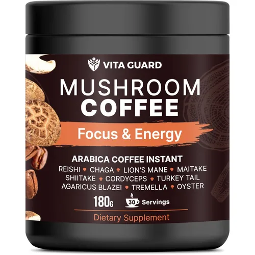 Vita Guard 10 Café de Hongos en Mezcla Instantánea – Melena de León, Cordyceps y Reishi – Café Árabe Premium con Polvo de Coco – Concentración,