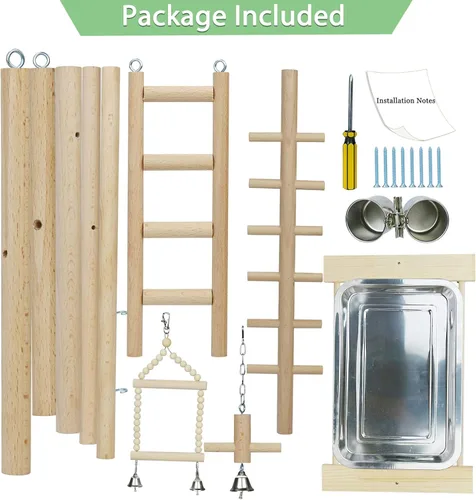Miniatura 7 de Parrot Playstand Bird Playground Birdcage Soporte de madera Perca Escalera con comedero Tazas para Aves Juega Gimnasio Cockatiel Playground Incluye