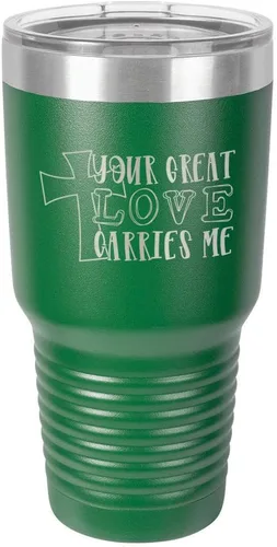 Miniatura 19 de Taza de viaje de acero con recubrimiento de polvo grabado con láser, con grabado de 30 oz con texto en inglés "Your Love Carries" y texto "Mis
