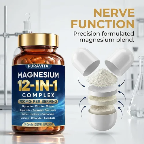 Miniatura 4 de Puravita Cápsulas complejas de magnesio 12 en 1, mezcla de alta absorción de 700 mg con glicinato, citrato, malato, óxido y taurato. Apoya