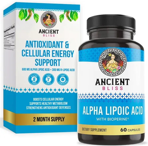 Ancient Bliss Suplemento de ácido alfa lipoico, antioxidante y apoyo energético, suplemento ALA con bioperina, sin gluten y soja, 600 mg por