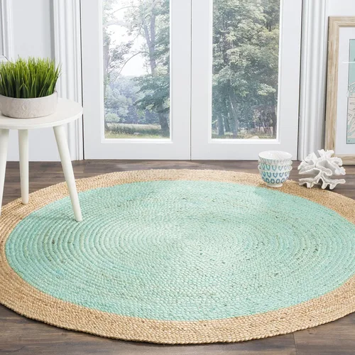 SAFAVIEH Alfombra de Área de 6' Redonda - Colección de Fibra Natural - Azul Aguamarina y Marrón Natural, Yute Hecho a Mano, Diseño de Borde Trenzado
