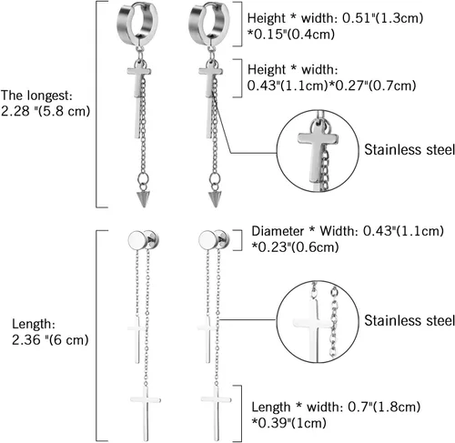 Miniatura 5 de Cupimatch Juego de 11 pares de aretes colgantes de cruz de acero inoxidable con piercings de aro con bisagras, joyería para hombres y mujeres