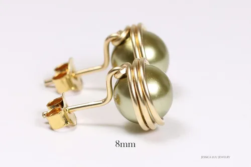 Miniatura 5 de Jessica Luu Jewelry Pendientes de perlas de oro verde oliva 0.236-0.394 in hechos a mano