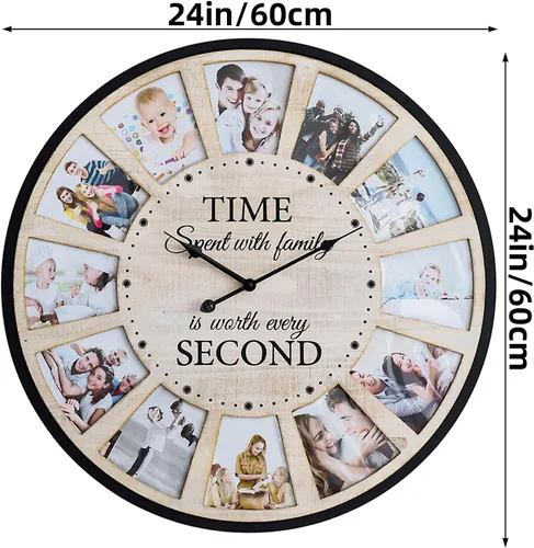 Miniatura 7 de Reloj de pared de madera rústica estilo granja con collage de 12 fotos, reloj de pared grande con fotos familiares para sala de estar, hogar
