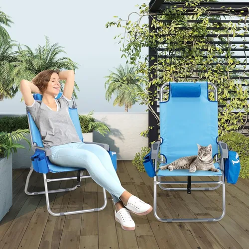 Miniatura 8 de VINGLI Silla de Playa Alta Paquete de 2 Ligera, Silla de Playa Tipo Mochila para Adultos con 5 Posiciones, Bolsa Refrigeradora, Portavasos, Barra
