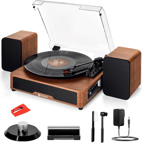 Miniatura 10 de VANGOA Tocadiscos de vinilo, tocadiscos de 3 velocidades con receptor Bluetooth, altavoces estéreo integrados, color negro