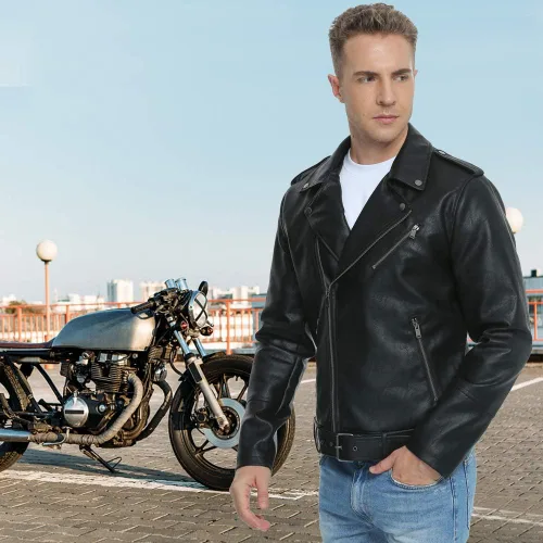 Miniatura 3 de Fahsyee Leather Jackets for Men, Faux Bomber Jacket Men Motorcycle Lapel Asymmetric Zip-Up Blet Slim Fit Biker Coat