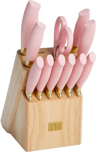 Paris Hilton Juego de 12 cuchillos con bloque, cuchillería de acero inoxidable de alto carbono, cuchillas de precisión y mangos ergonómicos, rosa