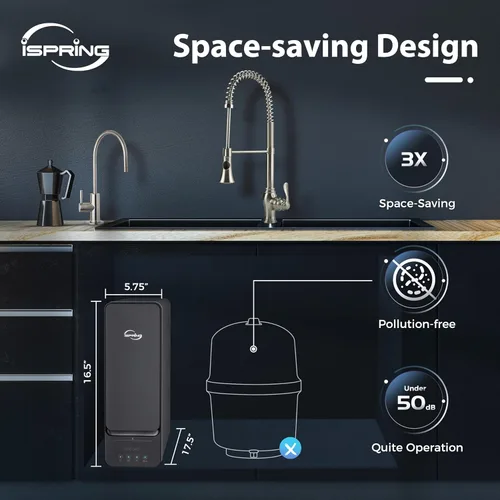 Miniatura 6 de Sistema de filtración de agua por ósmosis inversa sin tanque iSpring RO1000-BN, flujo rápido de 1000 GPD Grifo negro + níquel cepillado