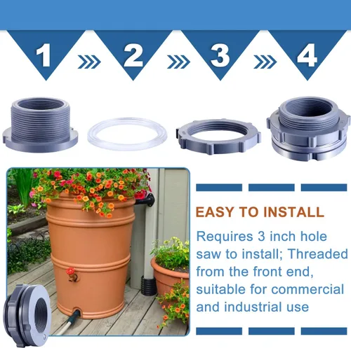 Miniatura 4 de Outus Conector de tanque de agua de montaje de mamparo de PVC de 2 pulgadas para barriles de lluvia, acuarios, estanques o tanques de agua