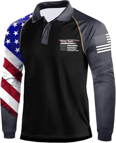 Camisa polo de manga larga con bandera estadounidense para hombre, cuello gráfico patriótico, camiseta de golf, moderna, casual, cuello en V, tops