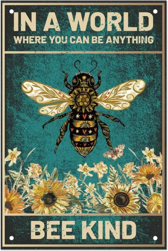 SUPERDANT Letreros de lata de flor de abeja, divertidas citas inspiradoras con texto en inglés «Be Kind», póster de metal con girasoles vintage,