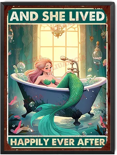 Miniatura 16 de LIUAXICIA Letrero de lata retro con diseño de sirena y ella vivió feliz para siempre, para decoración del hogar, 8 x 12 pulgadas, pintura de lata