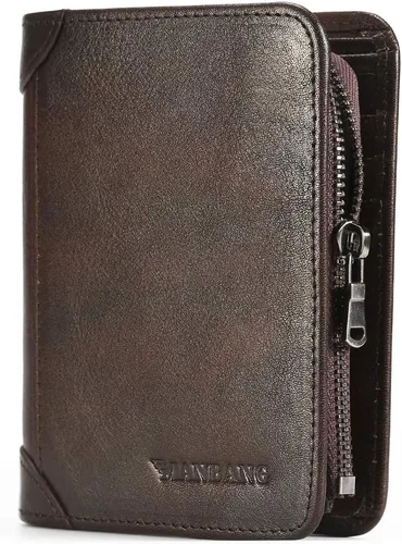 Miniatura 27 de Billetera para hombre con cremallera de cuero genuino RFID tarjeteros de piel de vaca con cremallera bolsillo para monedas, carteras plegables
