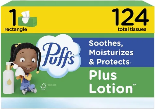 Puffs Plus Loción de pañuelos faciales, 1 caja familiar, 124 pañuelos por caja
