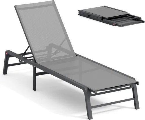 Miniatura 19 de Tumbona de aluminio para exteriores, silla plegable para patio, 2 juegos, sin montaje, sillas de piscina con 5 respaldos ajustables, sillas de salón