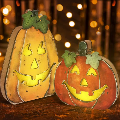 Whaline 2 lámparas de calabaza de Halloween de madera Jack-O-Lantern Halloween divertidas luces decorativas de calabaza para interiores y