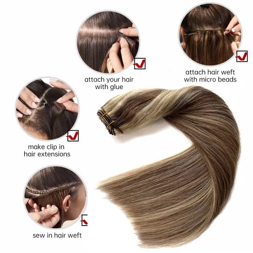 Miniatura 6 de Extensiones de cabello humano real, balayage, color castaño ceniza a rubio miel, extensiones de cabello humano con reflejos, 14 pulgadas, 2.82 oz