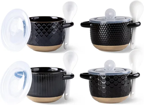 GBhome Cuencos de sopa de 22 onzas con asas y tapas grandes, juego de 4 cuencos de cerámica con cuchara para sopa, cereales, estofado, coloridos